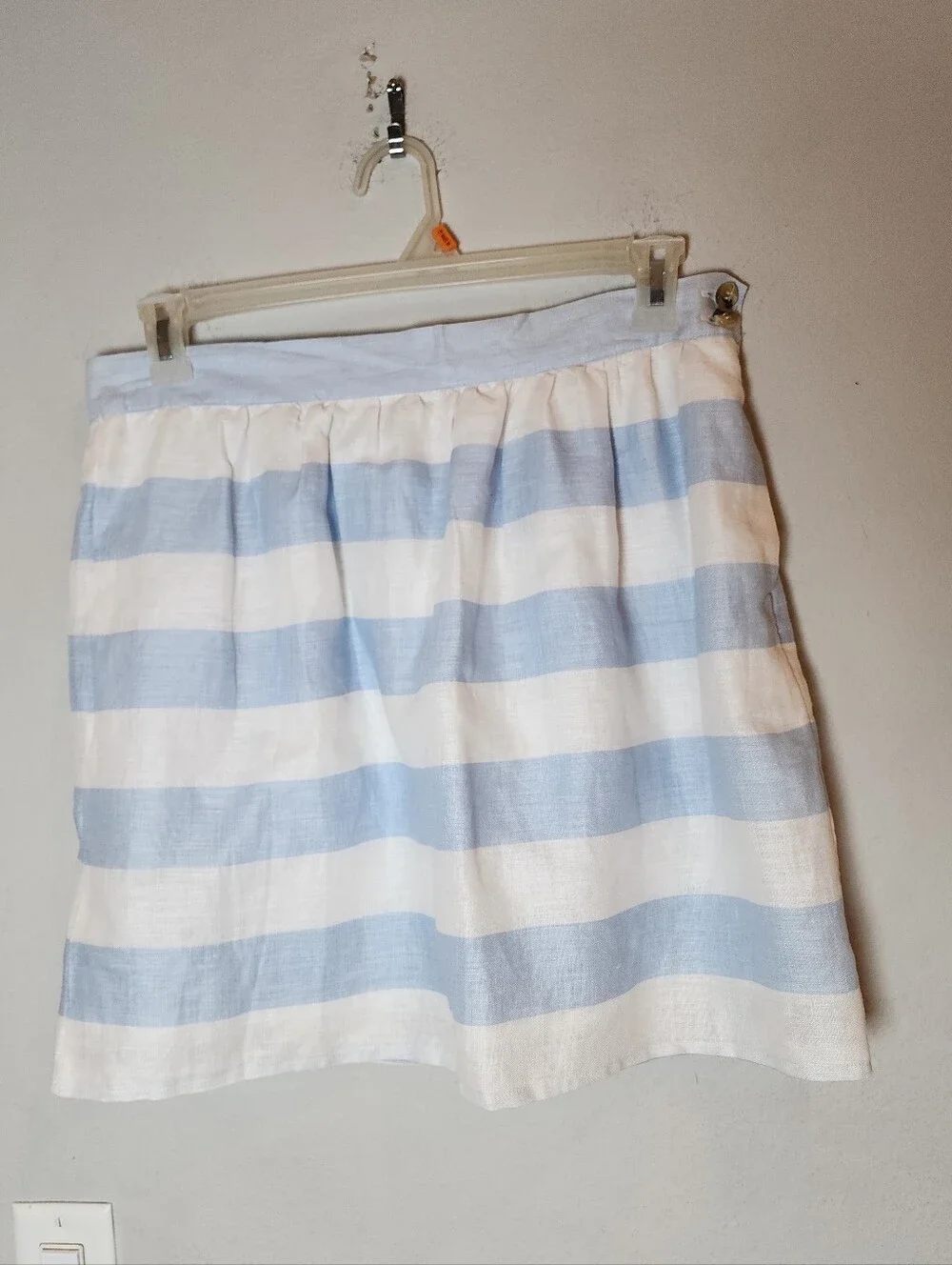 Kenar 100% Linen Mini Skirt Blue White Wide Stripes Pockets Women's Size 10